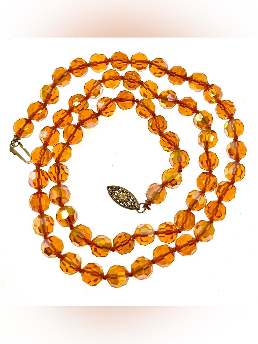 Vintage Amber Orange Aurora Borealis Crystal Glass Hand-Knotted Opera Necklace